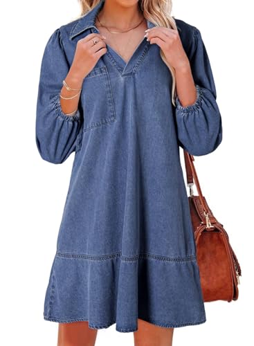 Dokotoo Denim Dress for Women Casual Babydoll Summer Dresses for Women 2026 Cute Polo Neck 3/4 Long Sleeve Womens Fashion Spring Mini Jean Dress Real Teal Large