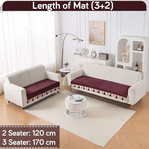 Image of HOKIPO 5 Seater Sofa Cover Mat with Tassel in 3+2 Configuration | Dyed Holland Velvet Fabric | 'TasselTone Series' | Wine Red (IN-1108+1106-MRN)
