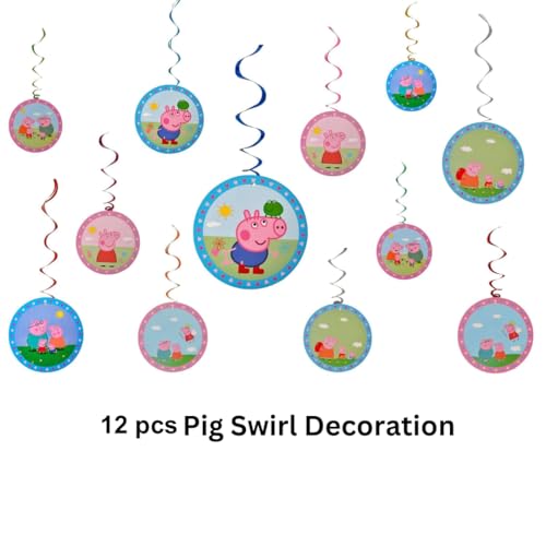 Image of WP WANNA PARTY Cartoon Pig Swirl Hanging Decorations - Cute Spiral Ceiling Hangings For Girls Birthday Theme Party, Baby Shower, Farm Theme, Kids Room Decor - Pack Of 12