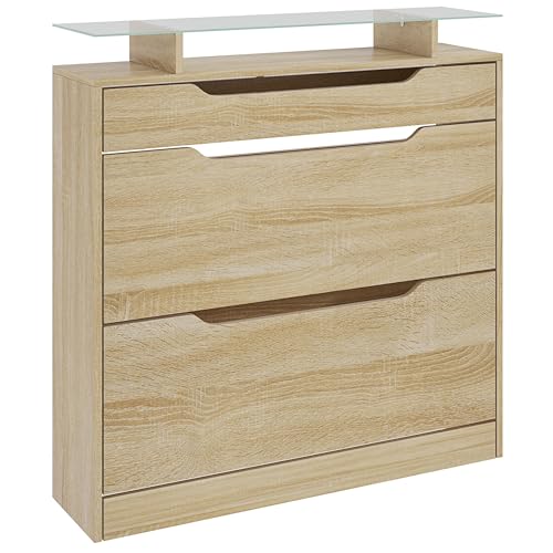 HOMCOM Armoire à Chaussures avec 2 tiroirs rabattables + 1 tiroir Coulissant + 1 comptoir et 1 Plateau en Verre étagère réglable sur 2 Niveaux 89 x 23 x 96...