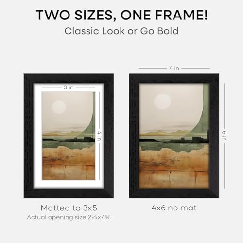 Image of Homeforia 4x6 Black Oak Picture Frame, High-End Wood, 3x5 Mat, Glass | High End Solid Oak Wood, Tempered Glass, Acid-Free 3x5 Removable Mat, 4x6 Edge-to-Edge Display 6x4, Wall Kit, Set Of 3