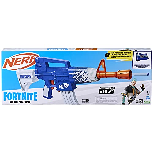 Image of Nerf Fortnite Blue Shock Blaster, 10-Dart Clip, 10 Elite Nerf Darts, Includes Bonus Code to Unlock The Beat Wrap in The Game, Motorized Dart Blaster
