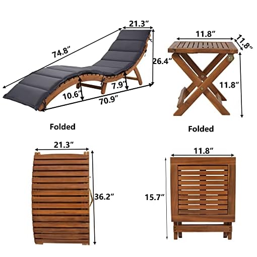 Ampela Outdoor Patio Wood Portable Extended Chaise Lounge Set with