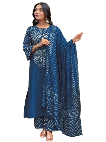 Image of GoSriKi Kurta Sets for Women Rayon Viscose Bandhani Printed | Kurti Set for Woman | Kurta Pant Dupatta Set | Straight Kurti | Round Neck 3 /4 Sleeve Suit Set for Women Stylish Ethnic Outfit