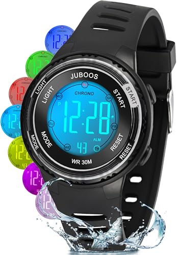 Juboos Reloj Digital Deportivo para niños, 7 Colores con luz led, Resistente al Agua, con Alarma, cronómetro, Reloj de Pulsera para niños y niñas de 5 a 18 años (Negro) Juboos Reloj Digital Deportivo para niños, 7 Colores con luz led, Resistente al Agua, con Alarma, cronómetro, Reloj de Pulsera para niños y niñas de 5 a 18 años (Negro)