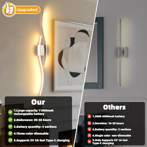 Image of Battery Powered Silver Wall Sconces Set of 2, Brushed Nickel 39.4 inch LED Dimmable Wall Sconce with Remote Control /Timer /Memory, USB Rechargeable Wall Lights for Living Room Bedroom Hallway