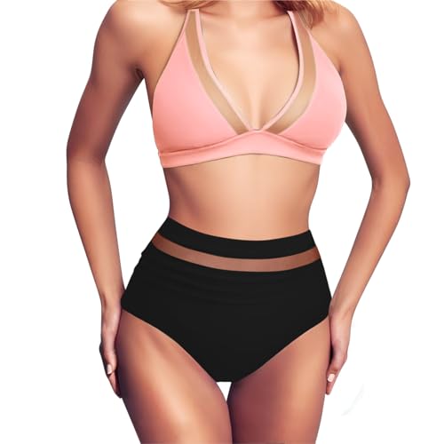 Bikini Asimetrico Mujer Bañadores Y Bikinis Mujer Conjunto de Bikini con Paneles Recortados Y Cuello En V Sólido de Verano para Bañadores Tallas Grandes Sin Relleno (Pink L)