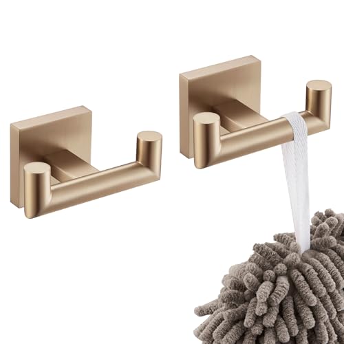 KOKOSIRI Robe Hooks Bath Towel Hooks Bathroom Hardware Double Coat Hooks Wall Mounted 2 Pack Champagne Bronze Stainless Steel B1015CPG-P2