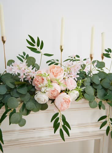 Misspin 8Ft Eucalyptus And Willow Leaf Garland With Artificial Flowers Fake Flower Peony Rose Vine Greenery Decorative Wall Hanging Plant For Wedding Arch Backdrop Door Arrangement Party Decor (Pink) #TOP6