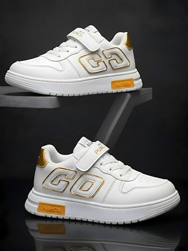 Image of HOOH Kids Unisex White Sneakers with Hook and Loop Closure, Embellished Pattern, Fashion Comfort Shoes