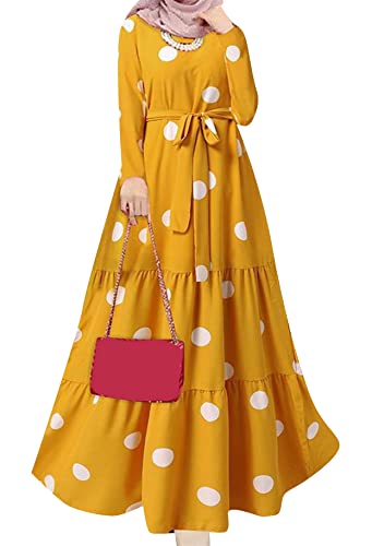 Yming Damen Islamisch National Maxi Plissee Kaftan Fließendes Lässiges Mehrlagiges Abaya Pünktchenkleid Sommer Abendkleid Kleid Gelb XL