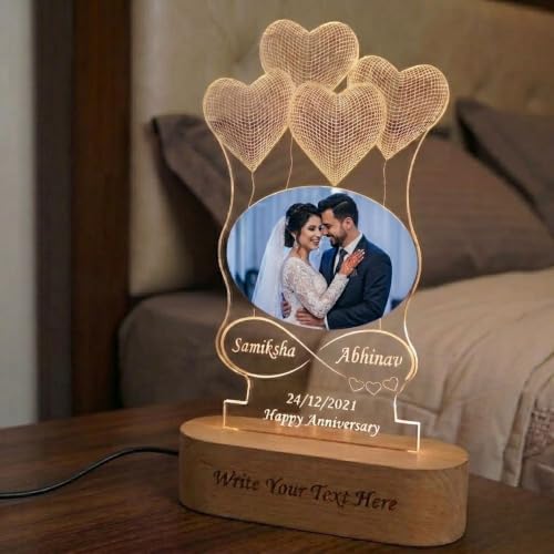 Image of SHAYONAD Acrylic Photo Lamp with Heart Balloons,Custom Couple Night Light with Name & Date,Romantic Anniversary, Wedding, Valentine Gift, Multicolor LED Table Lamp Brother Sister