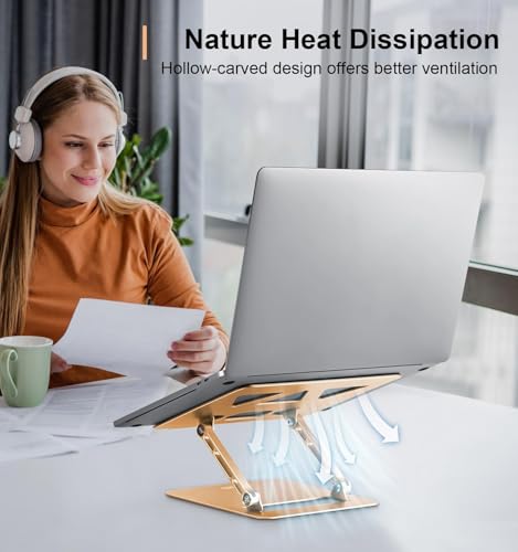 Image of Aoviho Adjustable Laptop Stand for Desk,Portable Laptop Stand Holder and Riser,Foldable Aluminum Notebook Computer Stands for MacBook Air Pro HP Lenovo Dell Samsung Chromebook, 10-15.6 inch, Gold