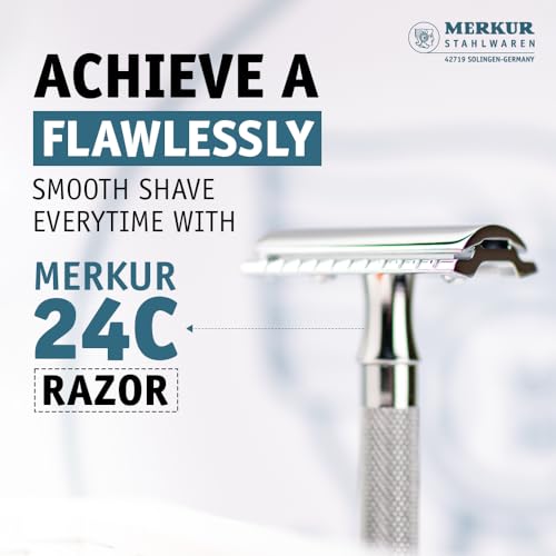 Image of MERKUR 24C Safety Razor For Women with 10 Double Edge Blades | Extra Long Handle | Three-piece Razor | Straight Cut | Bright Chrome Finish | Made in Germany