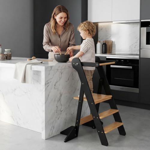 COSYLAND Lernturm ab 1 Jahr – Learning Tower 2-Fach höhenverstellbar & klappbar – Lernstuhl in Schwarz/Natur für Kinder – Montessori Stehturm aus Bambus – sicherer Tritthocker mit