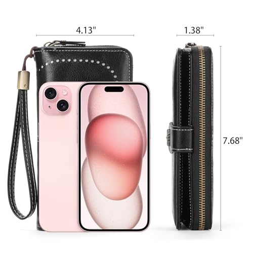 Image of Wristlet Wallets for Women Leather Credit Card Holder Bifold Black | RFID Blocking, Large Capacity, Ladies Phone Clutch Purse with Zippered Coin Pocket