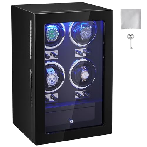 VEVOR Bobinador de relojes para 4 relojes automáticos para hombre y mujer, con 4 motores japoneses Mabuchi súper silenciosos, luz LED azul y adaptador, carcasa de tablero de alta densidad y