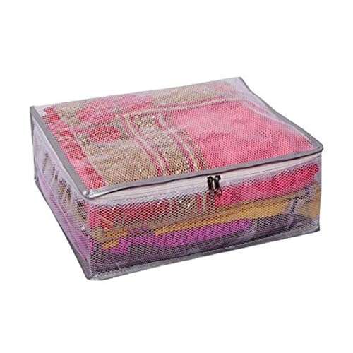 Image of Kuber Industries Polyvinyl Chloride Pack of 4 Saree Cover | Dress Packing Bags with Zip | Saree Pouches for Storage | Clothes Organizer for Wardrobe | Silver Lace | Transparent, 40cm, 30cm