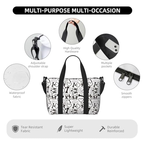 Carry On Duffle Bags Overnight Weekender Bags for Women, Cute French Bulldog Black White Personal Item Travel Bag, Travel Essentials Sport Gym Bag for Men Women3