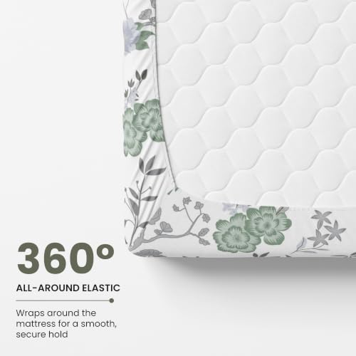 Image of LORETO - A QUALITY LINEN BRAND 144 TC 100% Pure Cotton Double /Queen Fitted Bedsheet with 2 Pillow Covers for 72 x 60 Inch Mattress, All-Around Elastic, 8 Inch Deep Pocket, Sage Green Floral Harmony