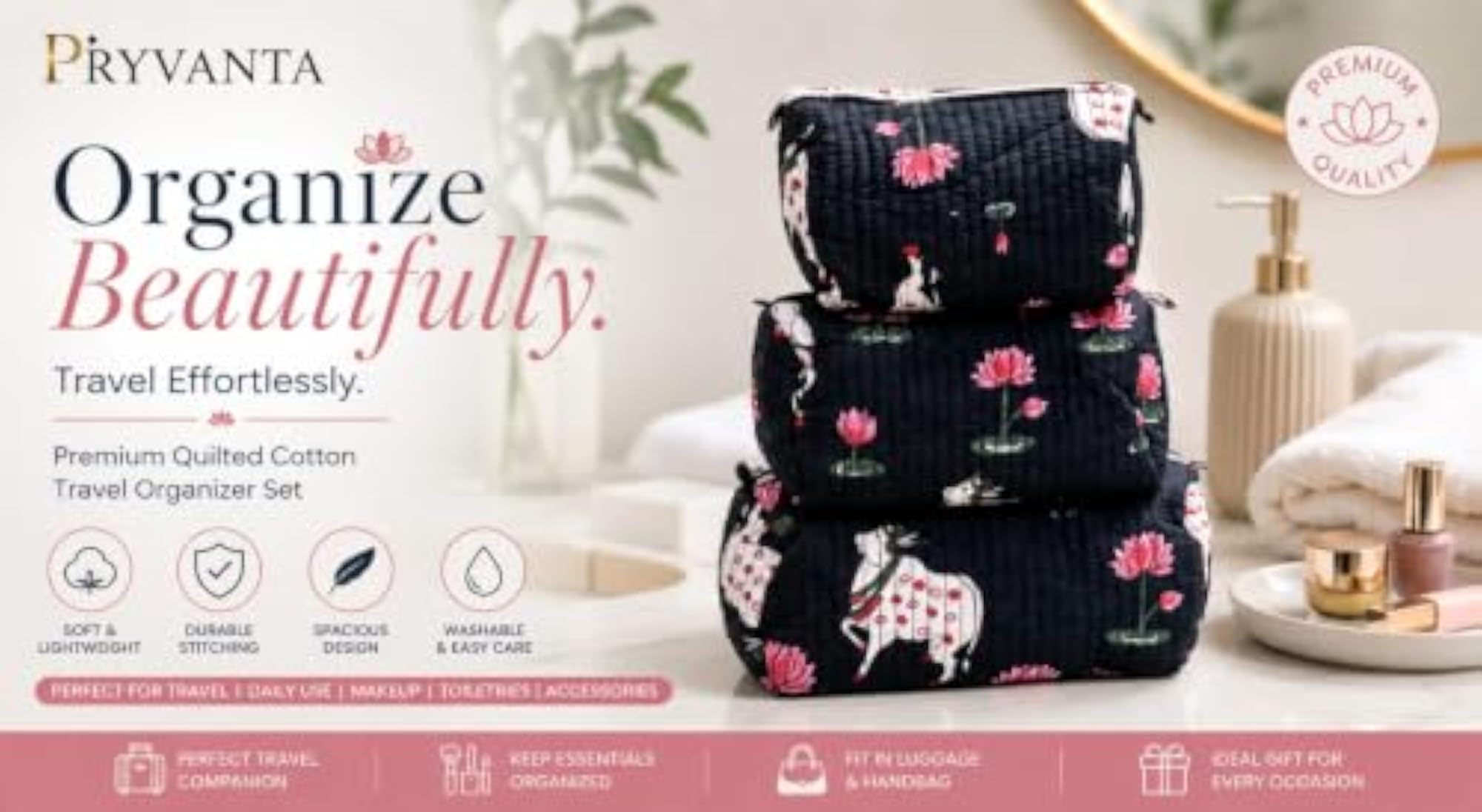 Set of 3 Multipurpose Pouches, Pure Cotton