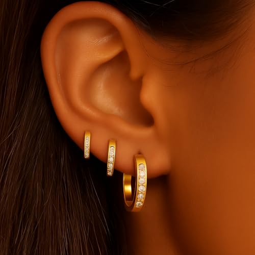 18K Gold Plated Hoop Earrings 3 Pair Set with Sparkling Diamond – Spiritual Purity & Devotion Inspired Design for Women, Hypoallergenic Ear Jewelry, Fashion Jewelry Gift2
