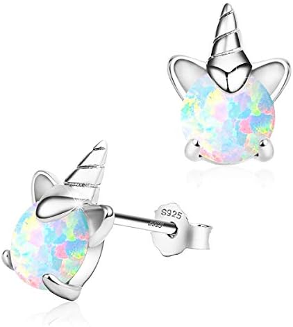 Unicorn Earrings, Opal Earrings ARSKRO S925 Sterling Silver Hyperallergic Stud Earring White Gold Flat Animal Ear Studs Jewelry Gifts for Girls Women
