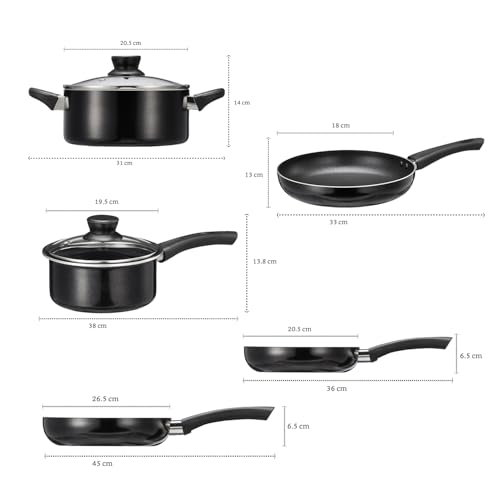 Image of Amazon Brand - Solimo Non-Stick 5-Piece Cookware Set | Induction & Gas Compatible | Aluminium Construction | Includes Saucepans, Frypans & Casserole with Glass Lids