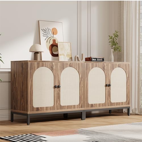 GarveeHome Rattan Sideboard Buffet Cabinet, Kitchen Storage Cabinet with Adjustable Shelf for Living Room, Hallway, Dark Brown