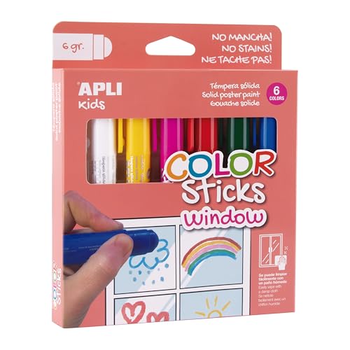 APLI Kids 19363 Color Sticks Window, Feste Temperafarben zum Bemalen von Glas, 6 Stück à 6 g in verschiedenen Farben: Weiß, Gelb, Rosa, Rot, Grün und Blau