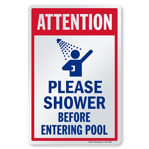 SmartSign 14 x 10 inch “Attention - Please Shower Before Entering Pool” Sign, Digitally Printed, 55 mil HDPE Plastic, Red, Blue and White, Made in USA