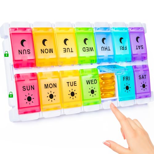 Yaklim Large Weekly Pill Organiser 2 Times A Day - Unique Quick Fill Bottom Design - 7 Day Push Button Pill Box AM PM Travel Tablet Case for Supplements & Medication - BPA Free