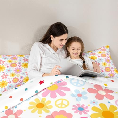 Image of Groovy Flower Bedding Set for Kids Boys Girls Retro Floral Boho Comforter Set Toddler Size Psychedelic Floral Duvet Quilt Bedroom Decor Breathable Soft Lightweight Microfiber Nature Theme 2Pcs