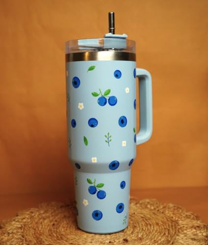 Image of 1200ML Stainless Steel Tumbler Hot and Cold with Handle and Lid and 2 Straws, Double Insulated Cup Leak Proof Mug Cupholder for Gym, Travelling (Blueberry)
