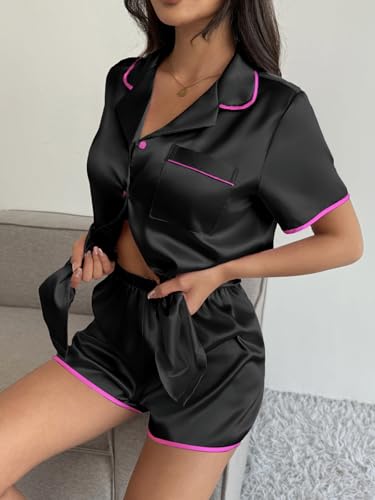 Image of Ekouaer Womens Satin Pajamas Set 2 piece Silky Buttton Down Short Pjs | Silk Notch Collar Top and Soft Shorts Lounge Set for Sleep, Daily Wear, Home, Wedding, Party