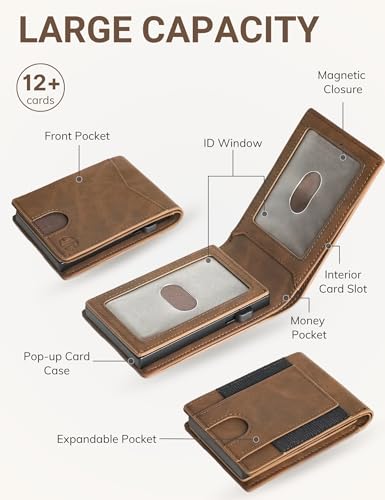 Popvibe Wallet for Men, Slim Minimalist Wallet with 2 ID Windows, Front Pocket, Money Pocket & RFID Blocking, Smart Pop Up Credit Card Holder Bifold Wallet with Gift Box (Brown)2