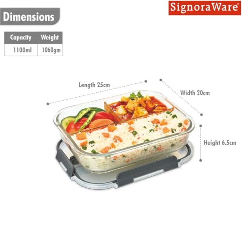 Image of SignoraWare Slim Borosilicate Glass Rectangular Three Compartment Lunch Box,(1.1 LTR, Clear), Leakproof Silicone Seal, Heat Resistant, Keeps Food Fresh, Great for Office & Outdoor Activities