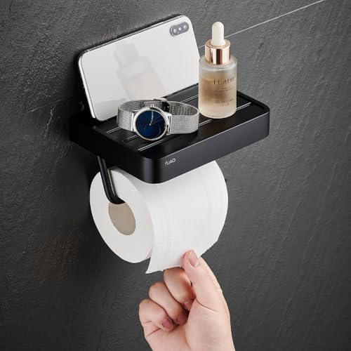 Image of FUAO Maxton Series Toilet Paper Holder, Wall Mounted, Rust Proof & Corrosion Free, Heavy-Duty Bathroom Tissue Holder Modern Accessory | Chrome, Brushed Gold & Matte Black (Matte Black)