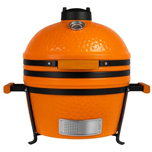 Kamado, barbecue giapponese in ceramica, diametro 40 cm, con carbone di legno, termometro incorporato, manico in legno, colore arancione premium, ideale per giardino, terrazza, campeggio