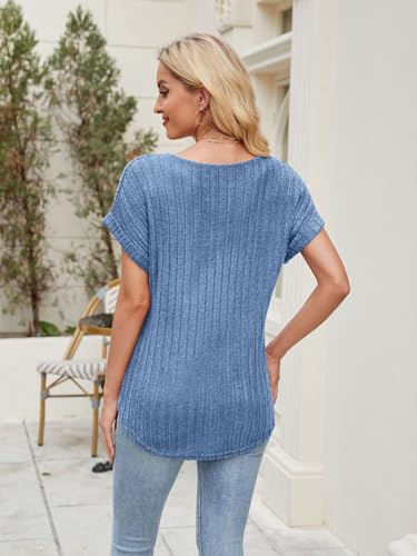 Womens Short Sleeve Textured Tops Crewneck Knit Solid Loose Casual Basic T Shirts Tee Blouses