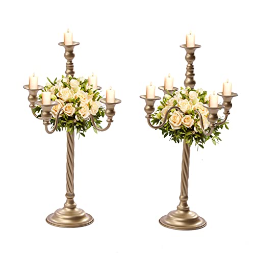 20.9 in Tabletop Five-Headed Candelabra 2Pcs Gold Floral Metal Candle Holder Tall Taper Candlestick Candelabra Centerpiece for Wedding Party Event Room (20inch (2 PC))