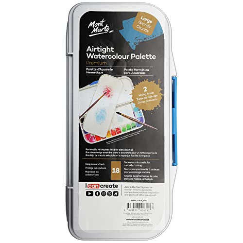 Image of Mont Marte Airtight Watercolor Palette 16 Slot. 3 Mixing Areas and 16 Deep Color Wells.