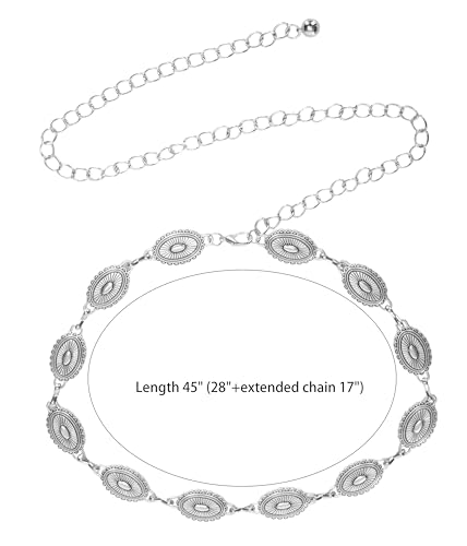 Western-Metal-Concho-Belt for Women Silver Cowgirl Chain Belts Adjustable Boho Waist Links Belt2