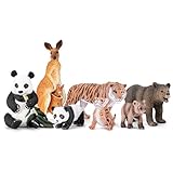 THINKBAY 8PCS Safari Zoo Animals Figurines Toys, Realistic Plastic Mom and Baby Cubs Figures, Includes Panda,Grizzly Bear,Kangaroo,Tiger, Educational Learning Playset for Kids Boys Girls