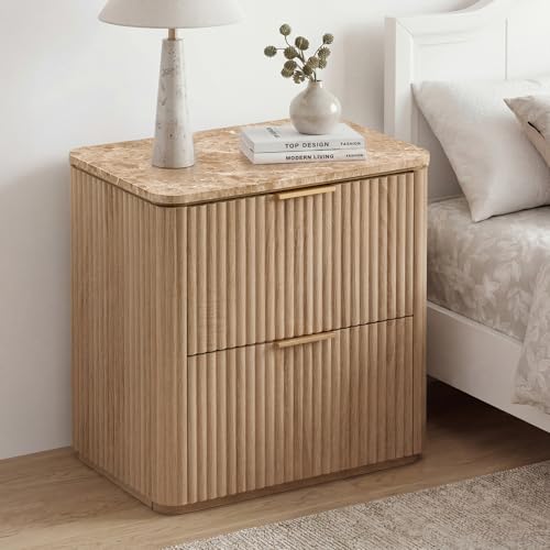 Image of 3 Sided Fluted Nightstand with Faux Marble Top, Modern Bedside Table
