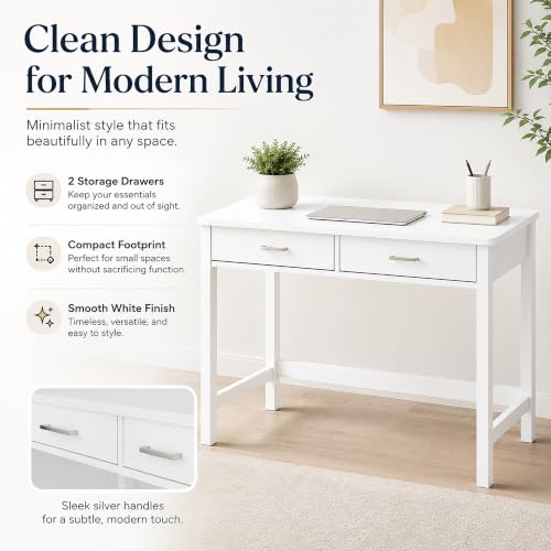 Image of 4NM 39.4 inch Small Desk with Wood Drawers, Home Office Computer Desk with Wooden Legs, Study Writing Table Vanity Desk for Small Spaces - White