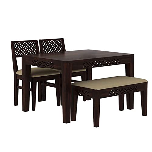 SHRI RAM ENTERPRISES Solid Sheesham Wood CNC 4 Seater Dining Set with 2 Cushion Chair & 1 Bench | Wooden Dining Table with Chairs for Living Room Home | Wooden Dining Table Set.