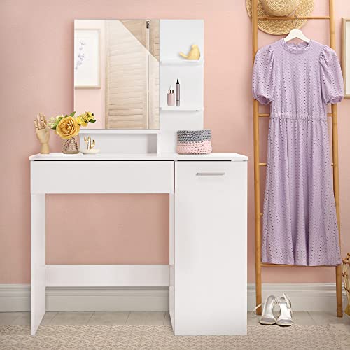 ML-Design Tocador De Maquillaje Blanco Moderno con Espejo 90 x 38 x 138 cm Tocador con Cajón Y Estantes Mueble Bajo Tablero De Aglomerado Revestido MDF Juego de Tocador Tablero Mesa De Maquillaje