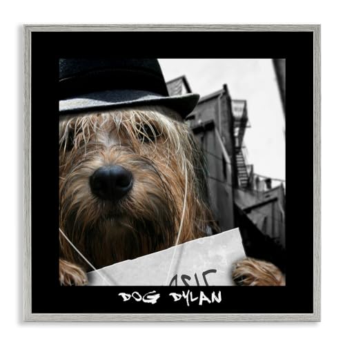 Dog Dylan Cityscape Musician Humor, 17 x 17 Inch Framed Giclée Print
