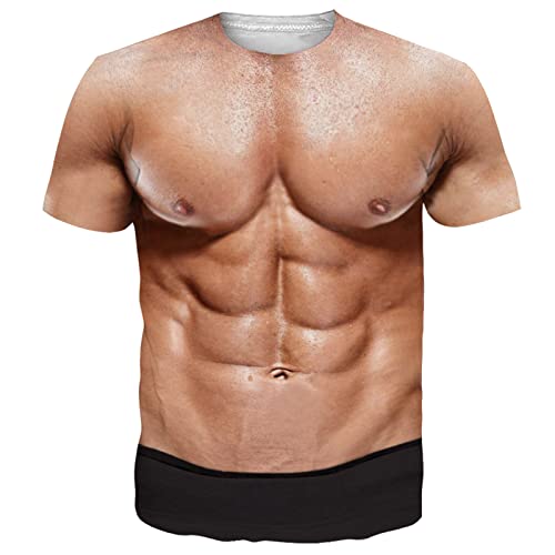 Fake Muscle Abs Tshirt King Costumes for Men Halloween Ugly Hairy Chest Shirts 6 Pack Abs Shirt Unisex 3D Printed Rave Party Outfits Short Sleeve Novelty Graphic Plus Clothes